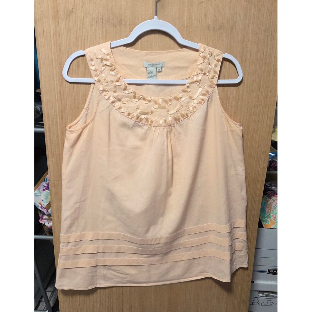 Sandro Size M Ladies Peach‎ Linen Blend Sleeveless Top Ruffle Neckline Blouse